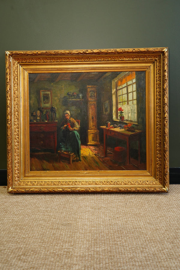 Antique Belgian Interior Oil Painting secondary view