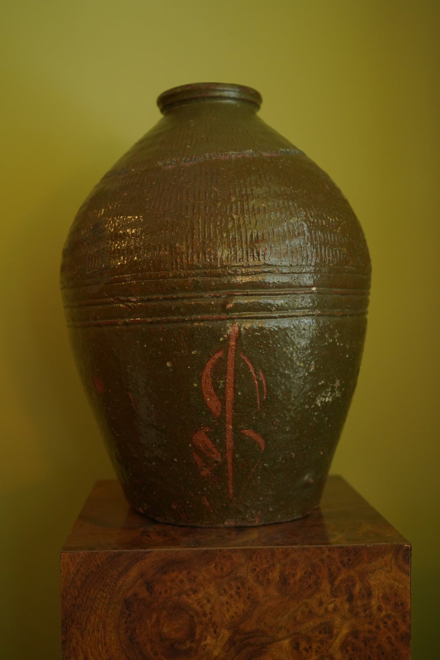 Vintage Chinese Stoneware Oil Jar with Ash Glaze, Rustic Pottery Vessel, 14.25 Inches