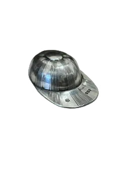 A small silver-toned metal knob shaped like a baseball cap, set on a white surface.