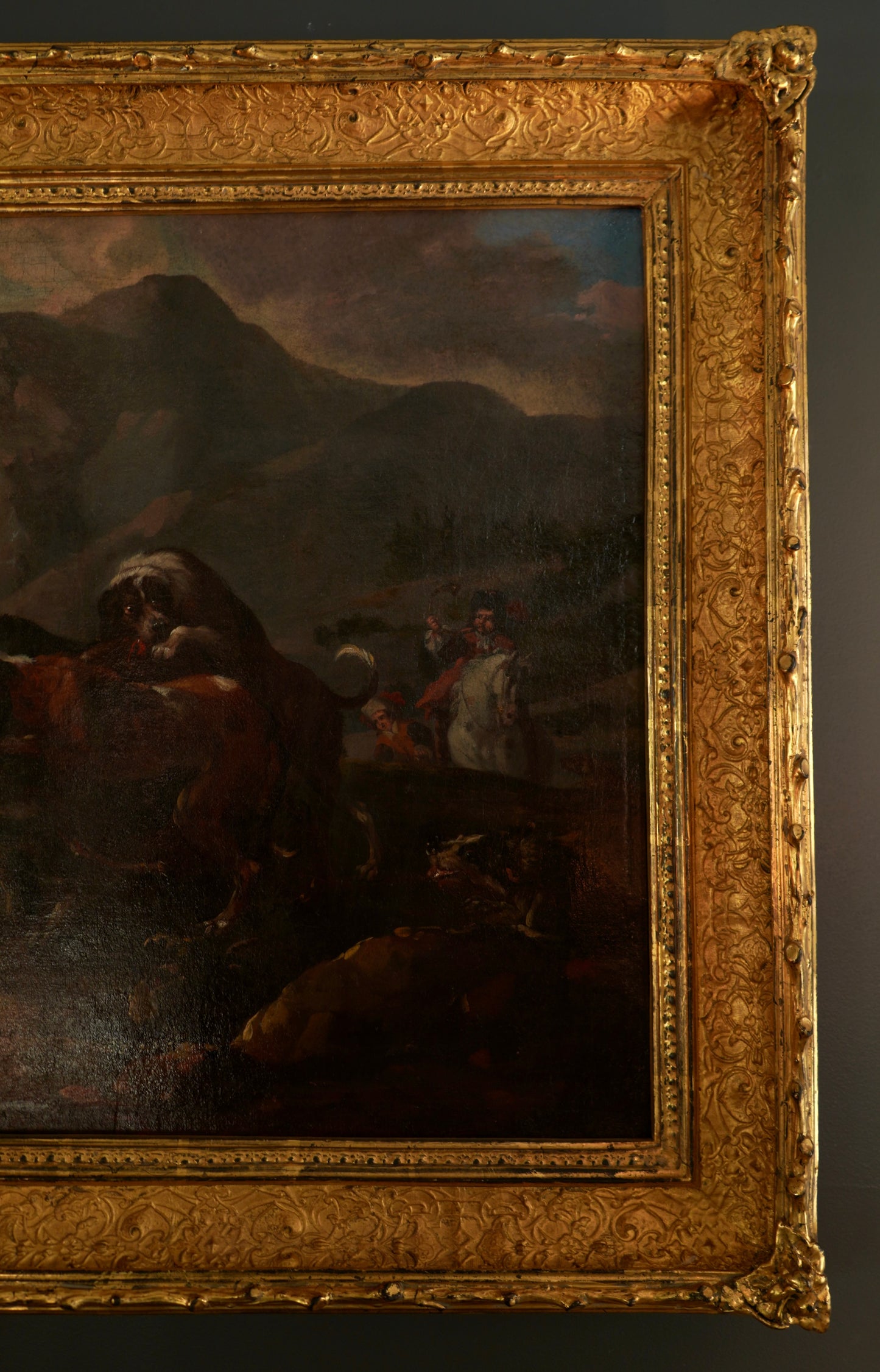 “Hounds Hunting Stag” – 18th Century French Oil Painting Attributed to the Fontainebleau Tradition