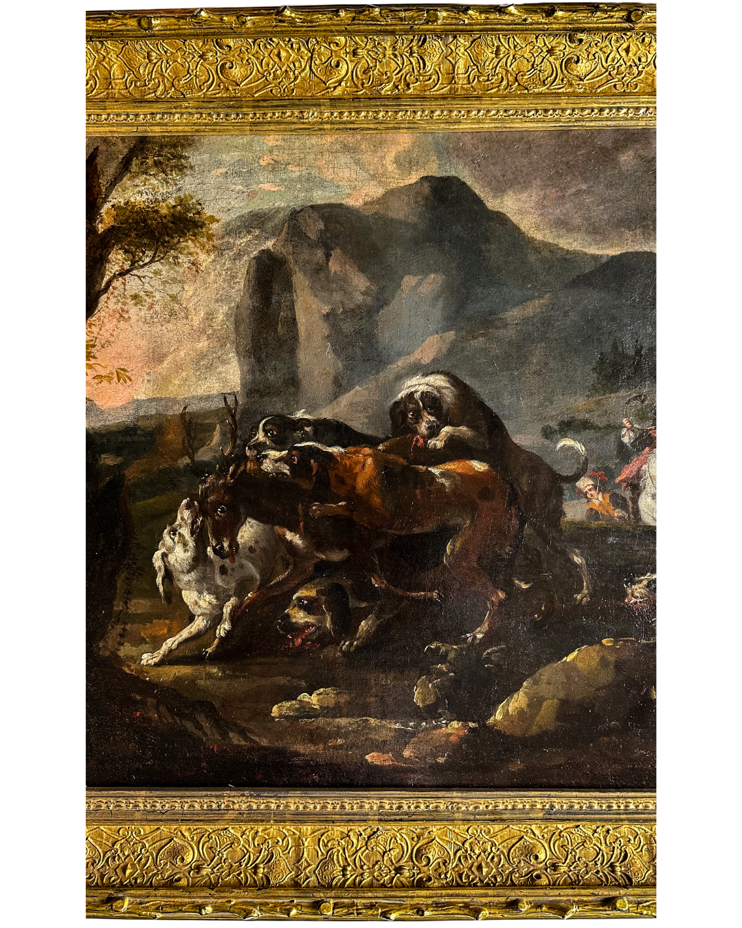 “Hounds Hunting Stag” – 18th Century French Oil Painting Attributed to the Fontainebleau Tradition