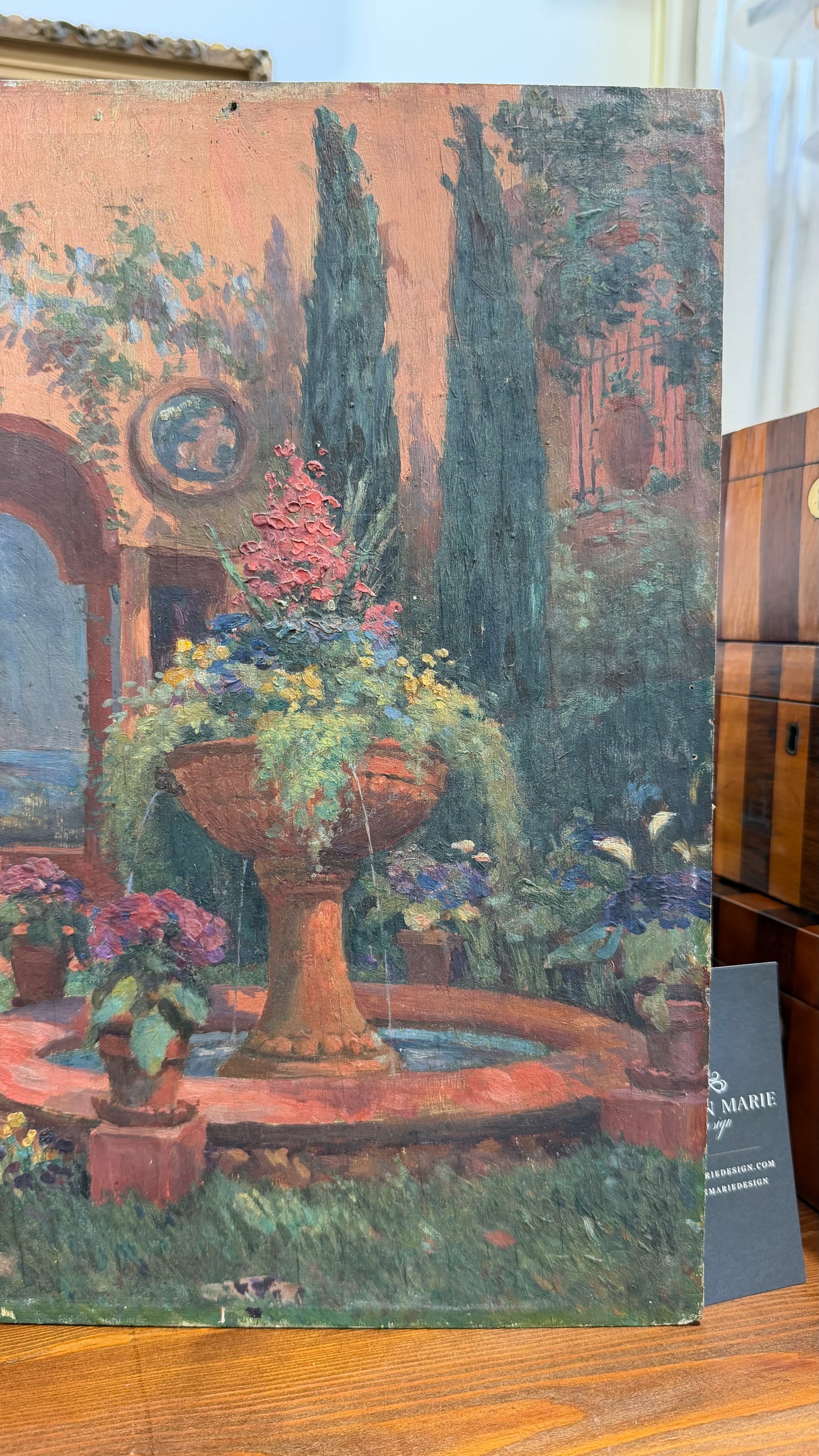Signed Garden Fountain Oil Painting, Unframed