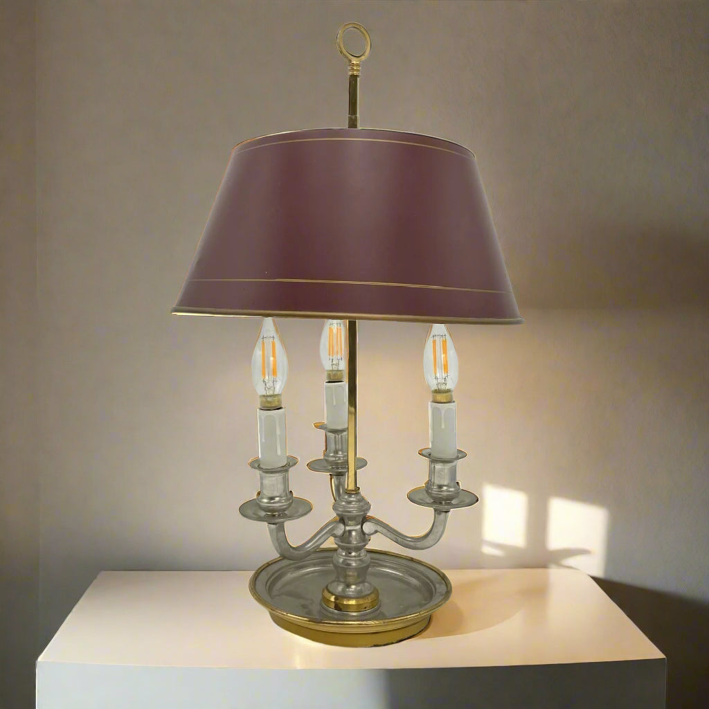 Vintage French Bouillotte Lamp with Maroon Metal Shade