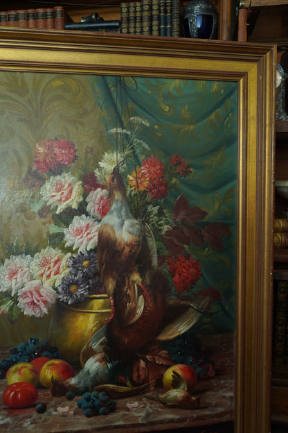 Signed Still Life with Game Birds, Fruit, and Floral Urn Attributed to Max Albert Carlier