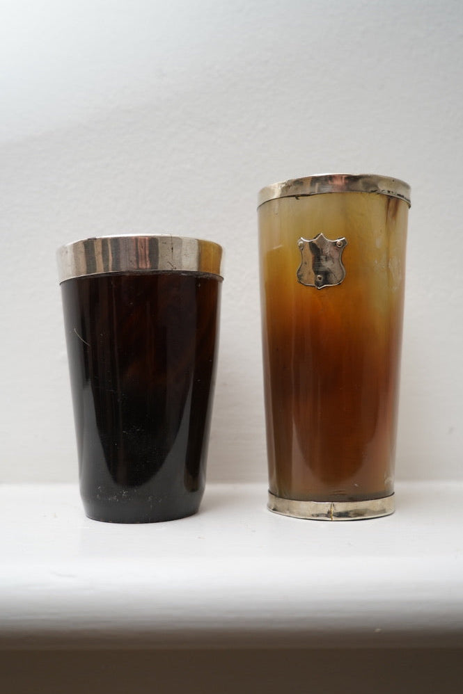 Antique English Horn Drinking Cup with Silver Plated Rim, Late Victorian c. 1880–1900