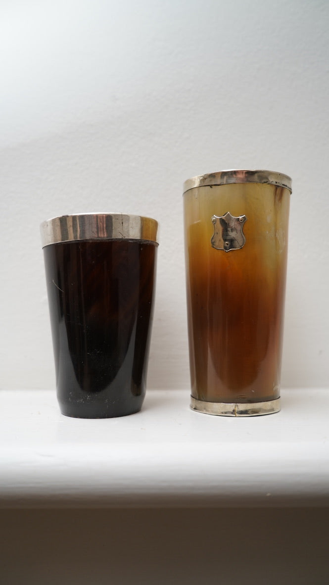 English Victorian Silver Mounted Steer Horn Cup with Shield, c. 1880–1910