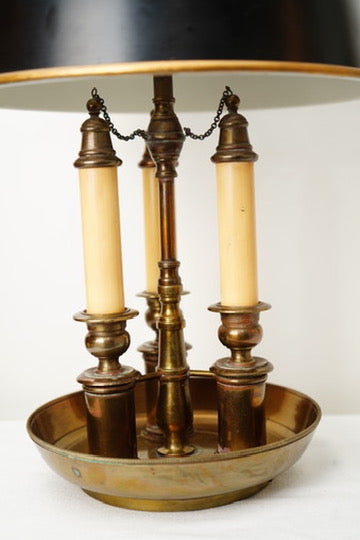 French Bouillotte-Style Three-Light Tole Shade Table Lamp, Black and Brass