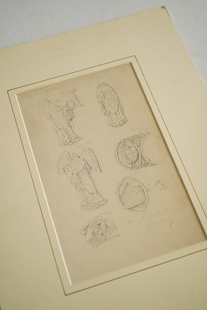 19th-Century Architectural Drawing Attributed to Henry Shaw | Angelic Figures & Glastonbury Chapel Ornament