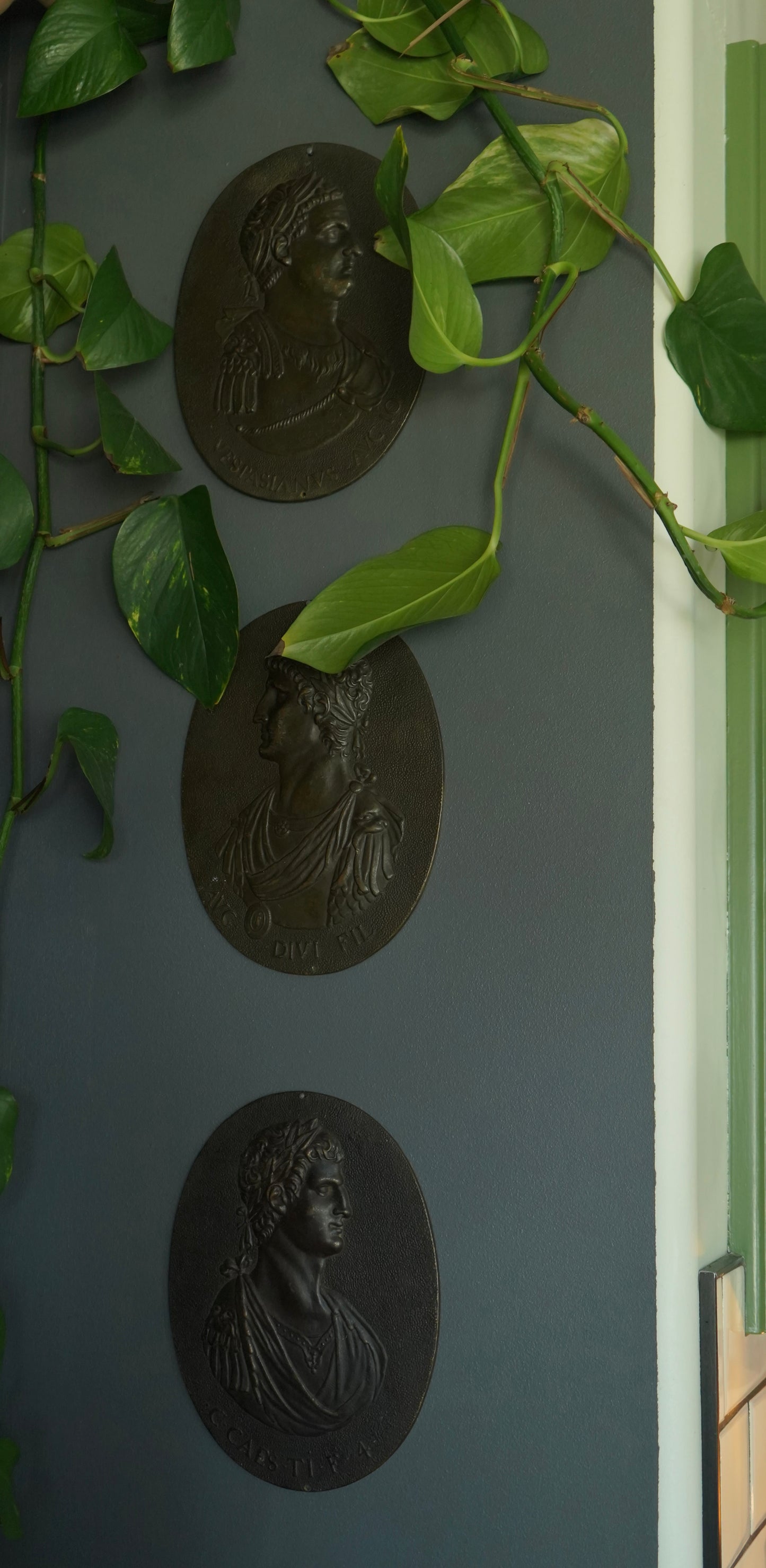 Set of 3 Antique Grand Tour Bronze Portrait Plaques – Roman Emperors Vespasian & Augustus, 19th Century Italian