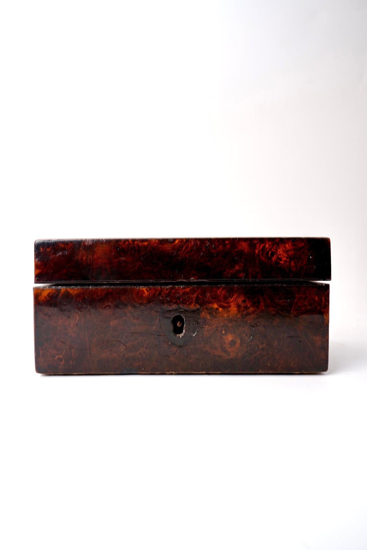 Miniature Antique English Burr Walnut Veneer Trinket Box with Blue Lining