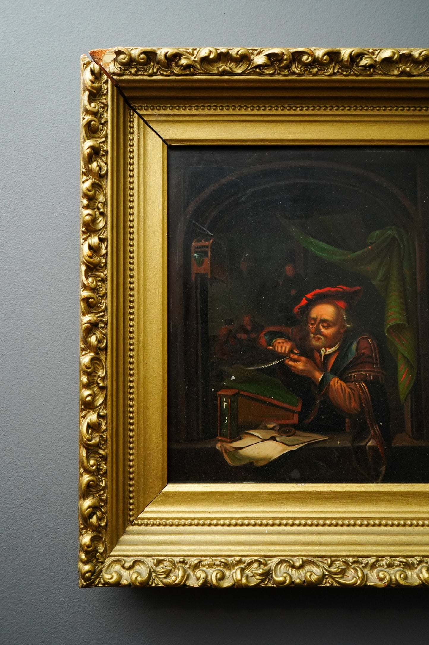 Antique Dutch Genre Oil on Metal Painting, “The Scholar” Pendant to “The Dentist”