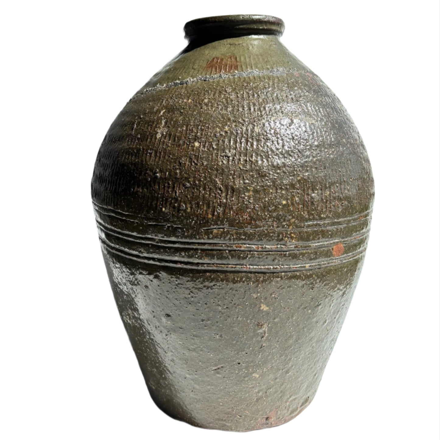 Vintage Chinese Stoneware Oil Jar with Ash Glaze, Rustic Pottery Vessel, 14.25 Inches