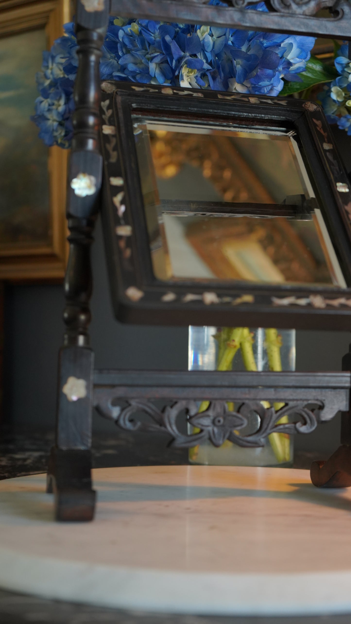 Antique Ebonized Wood & Mother-of-Pearl Vanity Tabletop Mirror