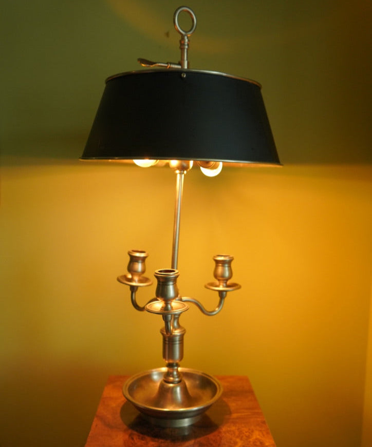 Bouillotte-Style Pewter Lamp with Adjustable Metal Shade & Dual Light Settings