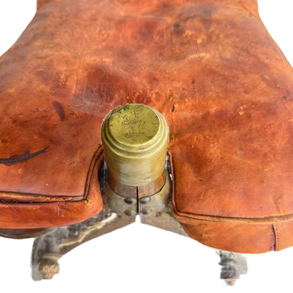 Vintage Middle Eastern Camel Saddle Stool with Embossed Leather Cushion & Brass Accents (c. 1950s)