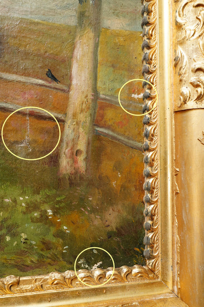 Antique Putti Oil Painting with Lute, Signed Baumann, Classical Garden Scene