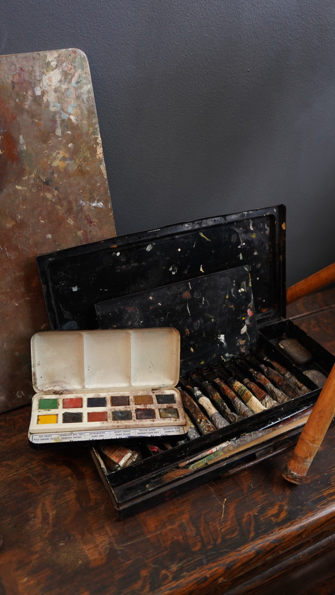 Vintage British Artist Paint Kit with Folding Stool, Easel, Palette and Paint Box
