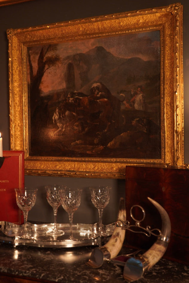 “Hounds Hunting Stag” – 18th Century French Oil Painting Attributed to the Fontainebleau Tradition