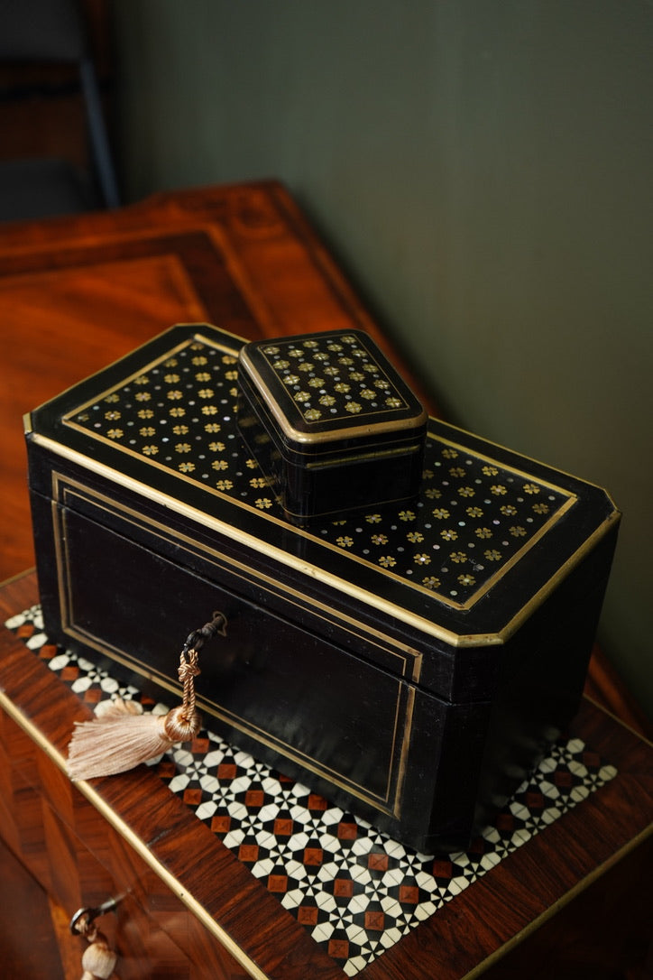 French Napoleon III Ebonized Tea Caddy with Mother of Pearl and Brass Inlay, Circa 1870