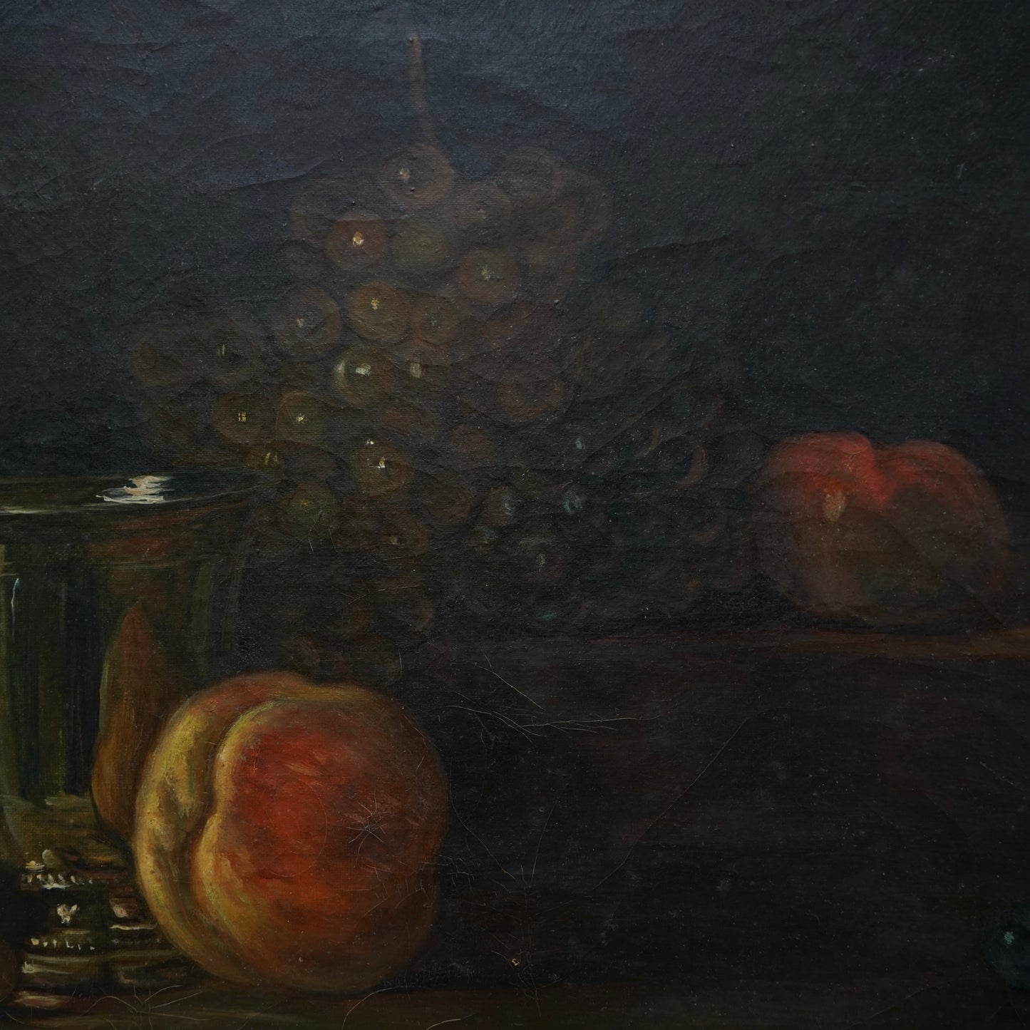 Early 20th Century Oil Painting After Chardin – Still Life with Silver Goblet, Peach & Grapes