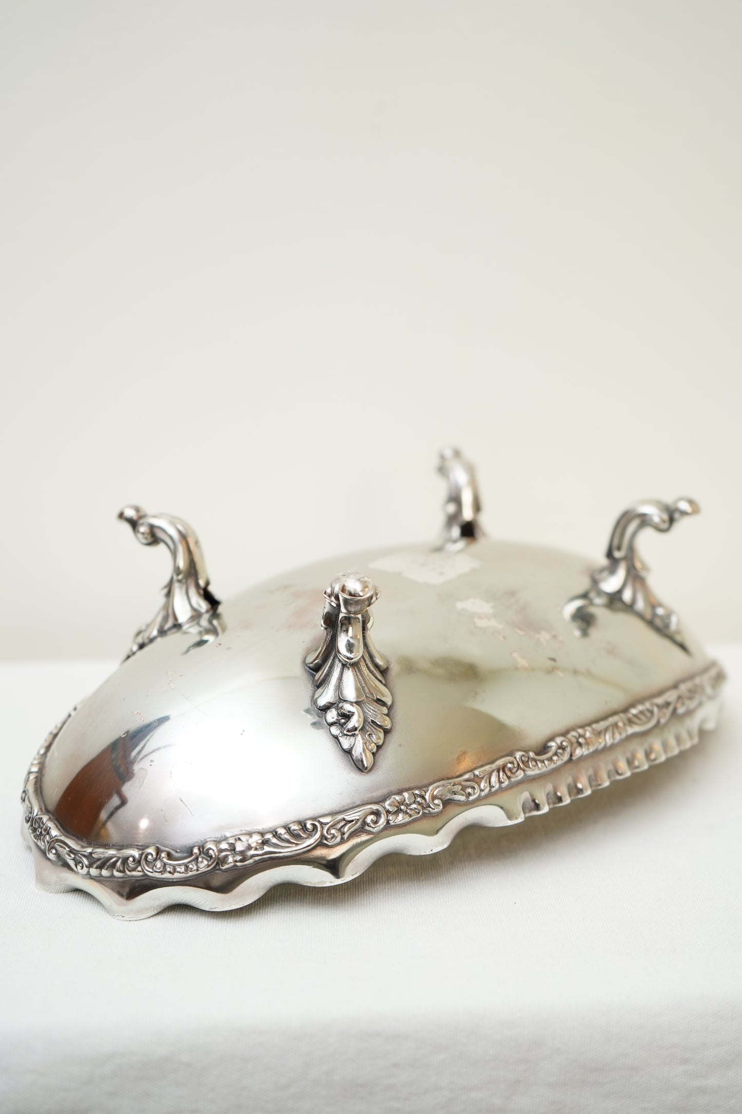 Antique Crescent Quadruple Silver Plate Footed Oval Bowl