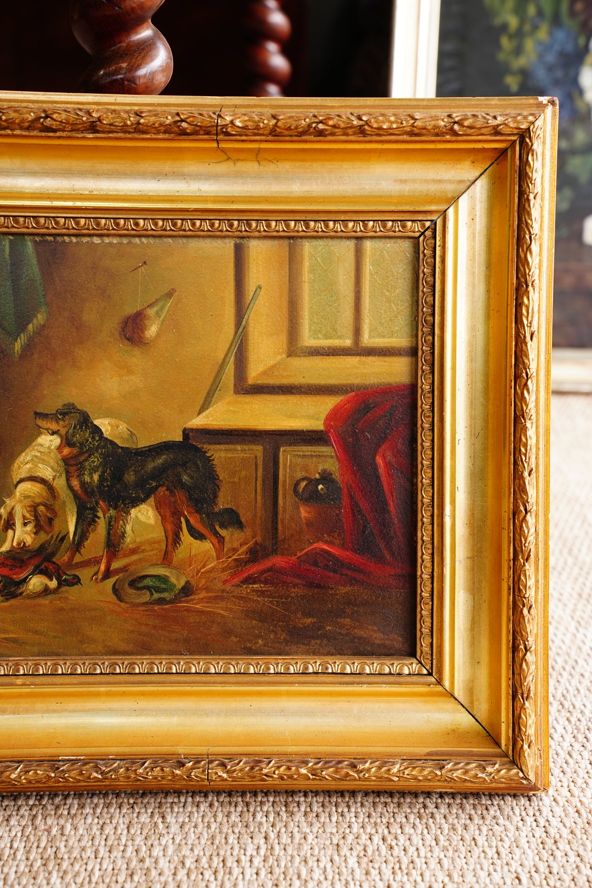 Antique European Hunting Dogs Interior Oil Painting, Circa 1890