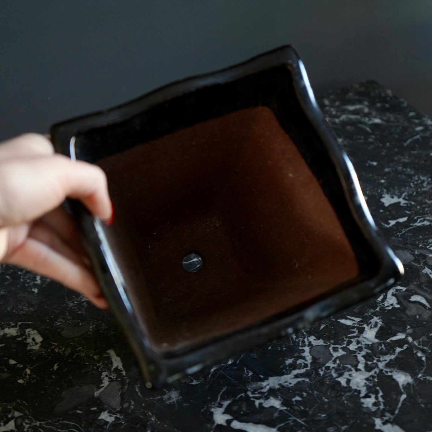 Mid-Century Japanese Black Tenmoku Glazed Terracotta Bonsai Pot | Wabi-Sabi Folk Craft Planter (8.75")