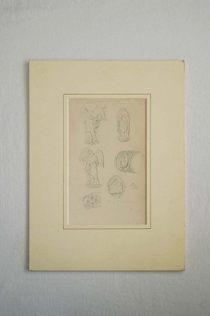 19th-Century Architectural Drawing Attributed to Henry Shaw | Angelic Figures & Glastonbury Chapel Ornament