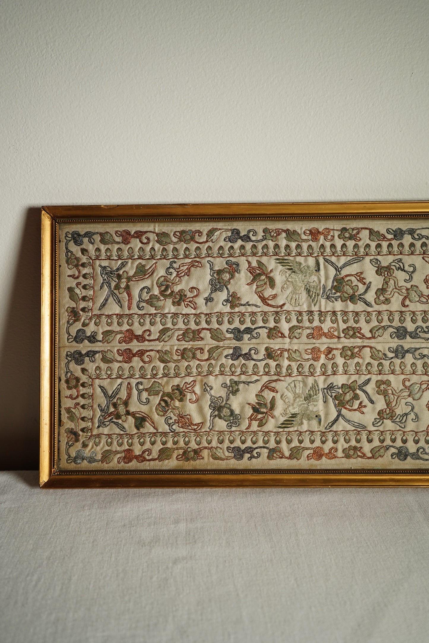 Antique European Chinoiserie Silk Embroidery on Satin