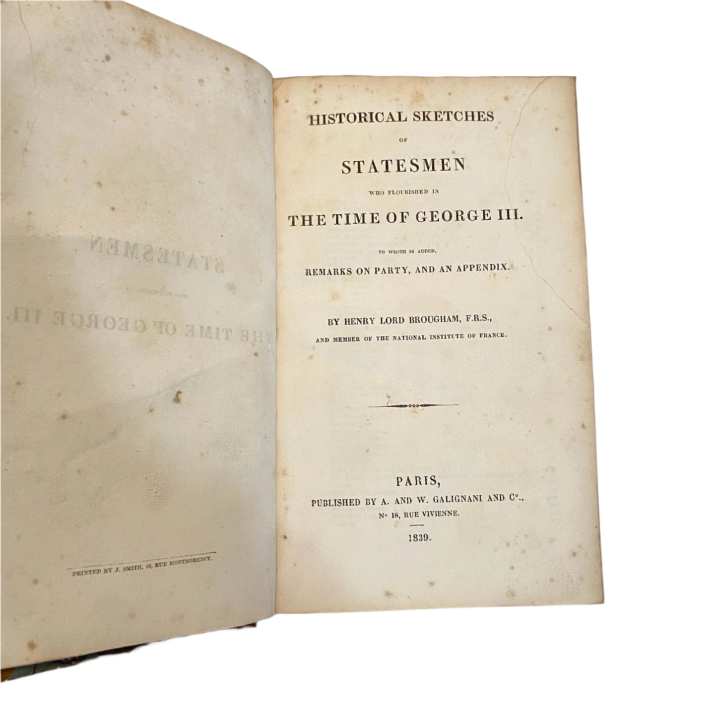 1839 "Historical Sketches of Statesmen Who Flourished In The Time of George III" Half Brown Leather Binding