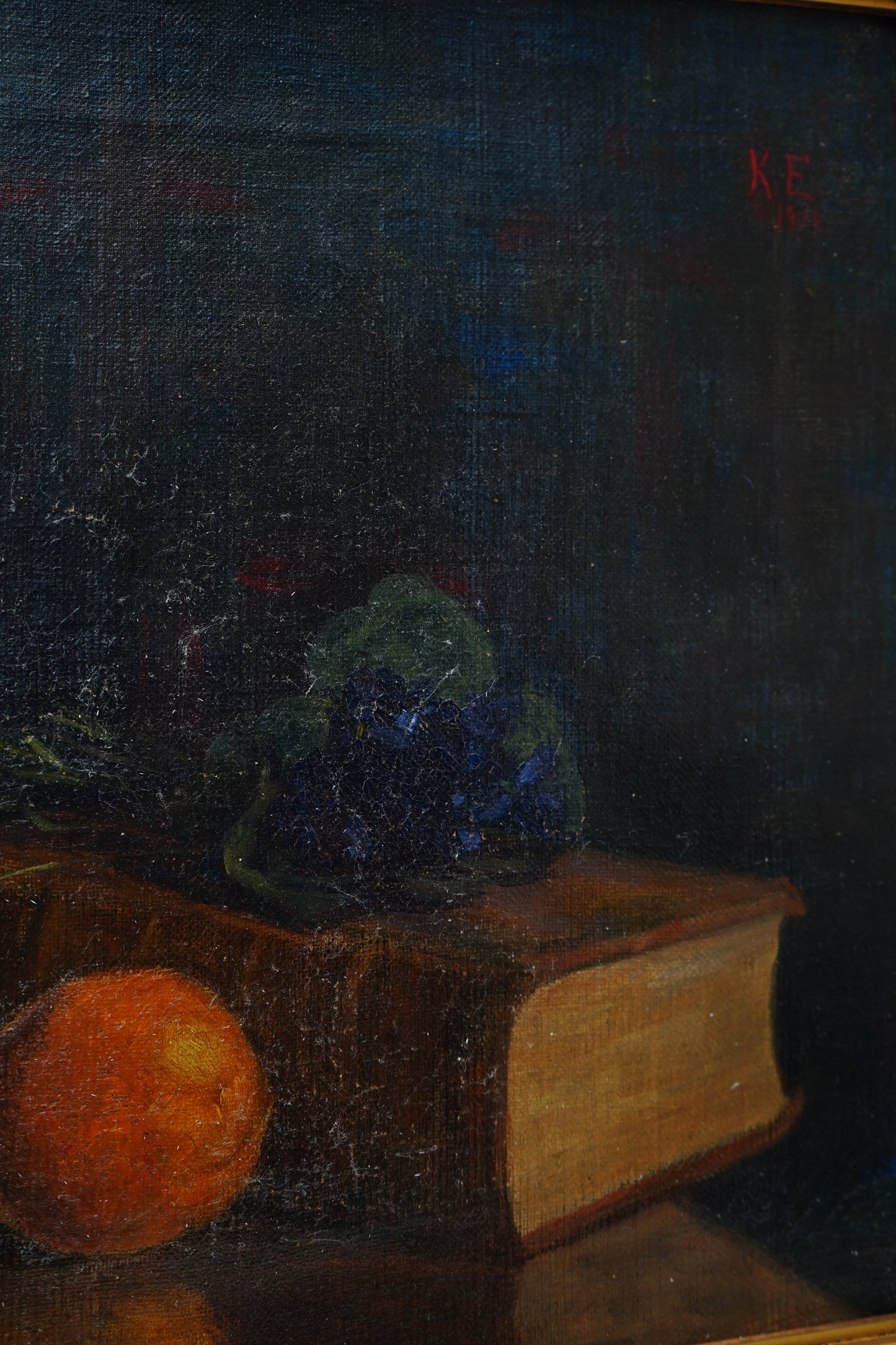 Antique 1905 Oil Painting Still Life with Fruit, Book & Earthenware Jar | Signed K.E.
