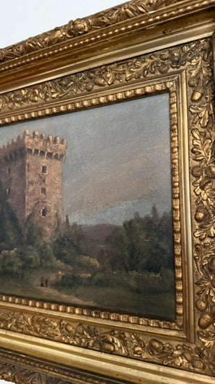 Victorian Irish Castle Ruin Oil Painting, Likely Blarney Castle, Signed L. S. C 1888, in Deep Gilt Frame