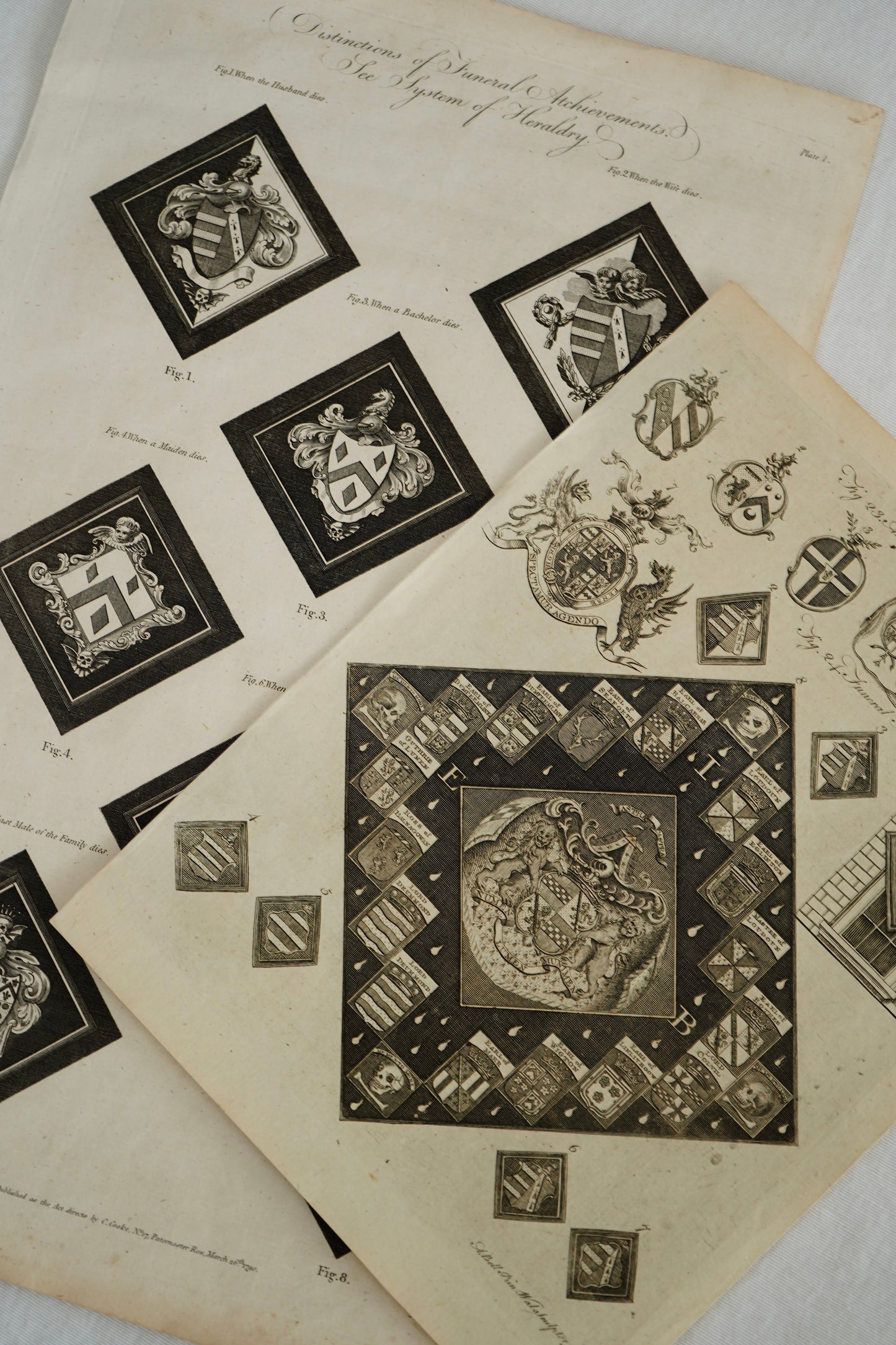 Antique Georgian Heraldry Engraving, Funeral Hatchments Diagram, c. 1790s, Plate 1