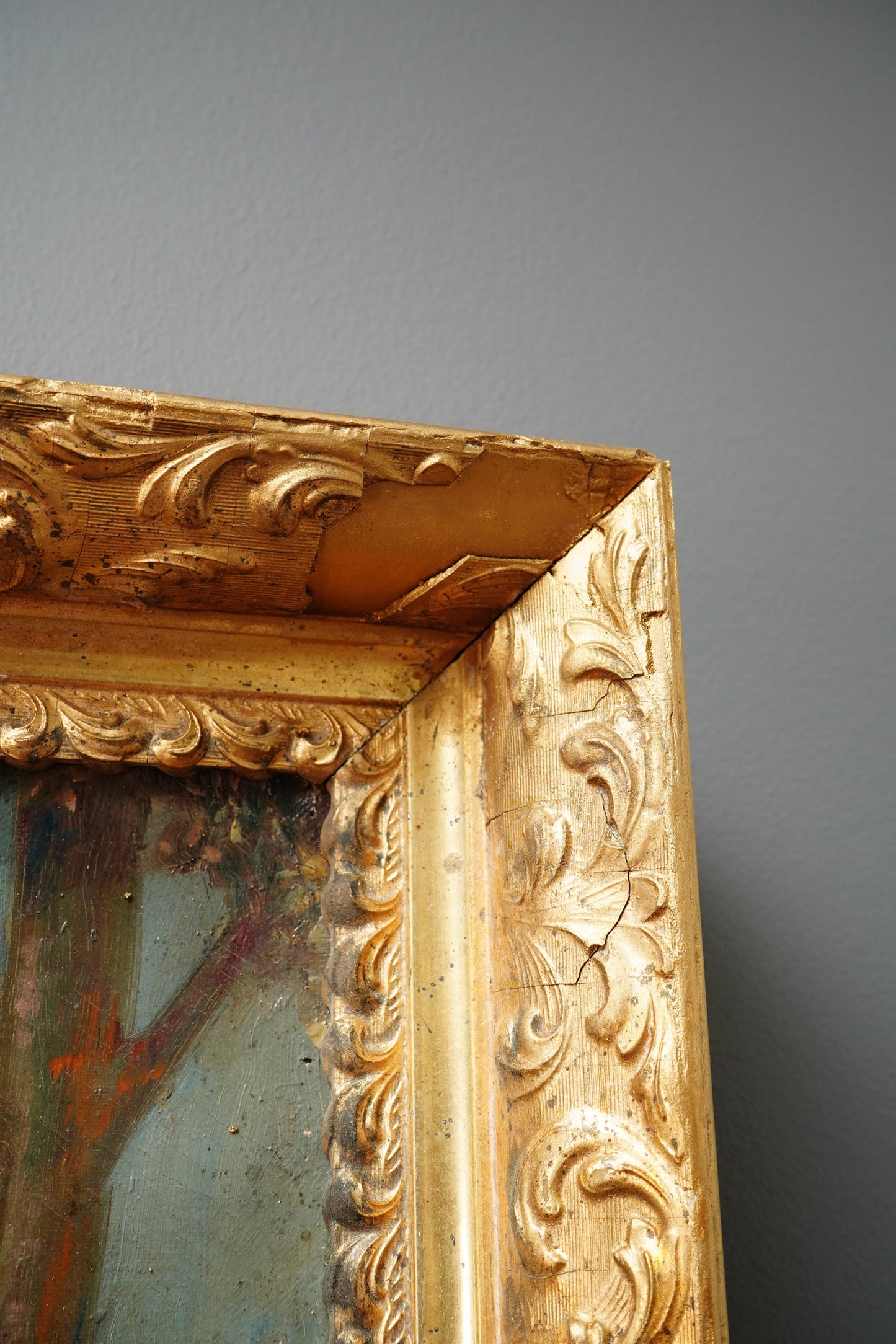 Antique Putti Oil Painting with Lute, Signed Baumann, Classical Garden Scene