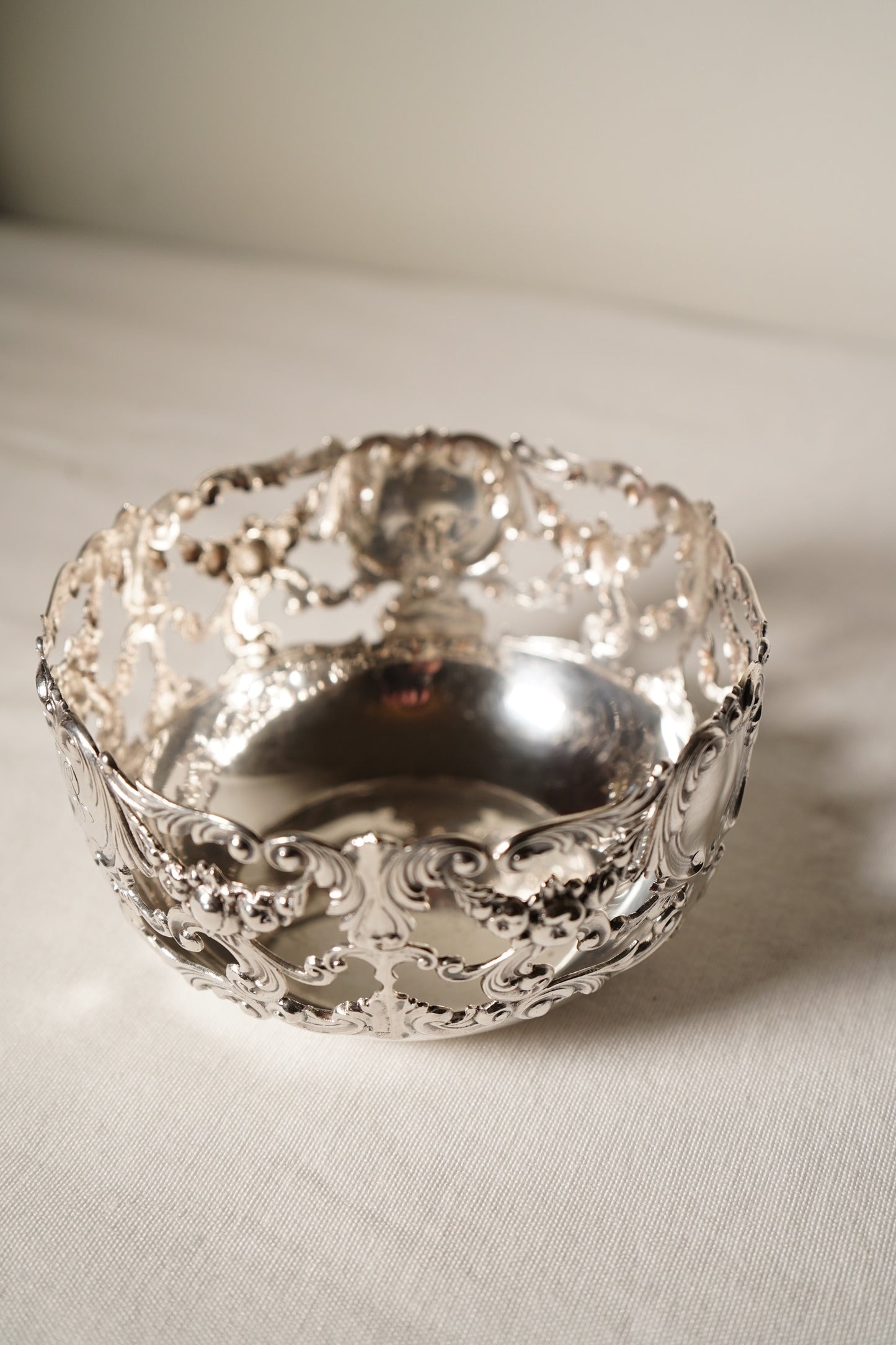 Antique Sterling Silver Rococo Revival Reticulated Bowl with Monogram, American Gilded Age Circa 1890