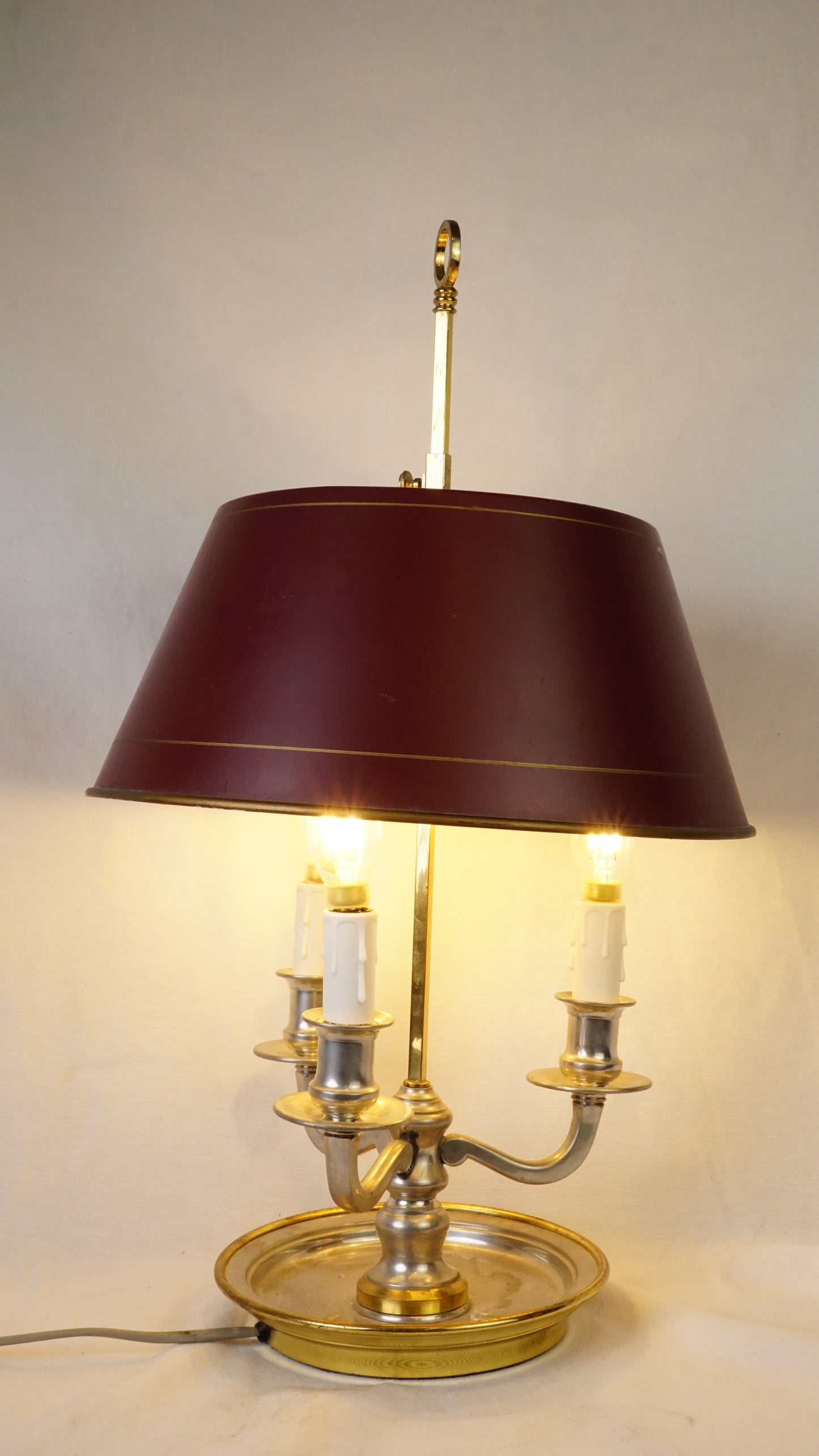Vintage French Bouillotte Table Lamp with Adjustable Burgundy Tole Shade