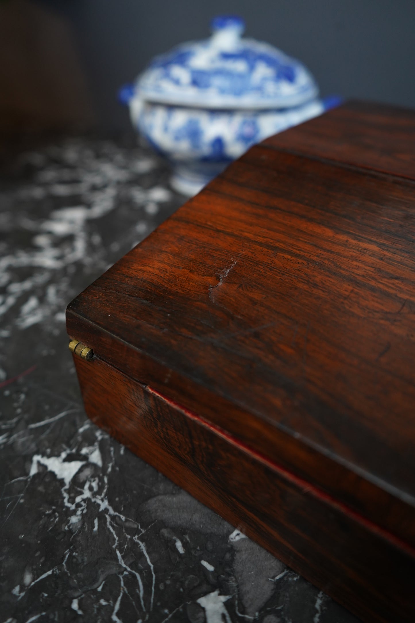 Antique Rosewood Writing Slope with Velvet Writing Surface and Inscriptions, Mid-19th Century