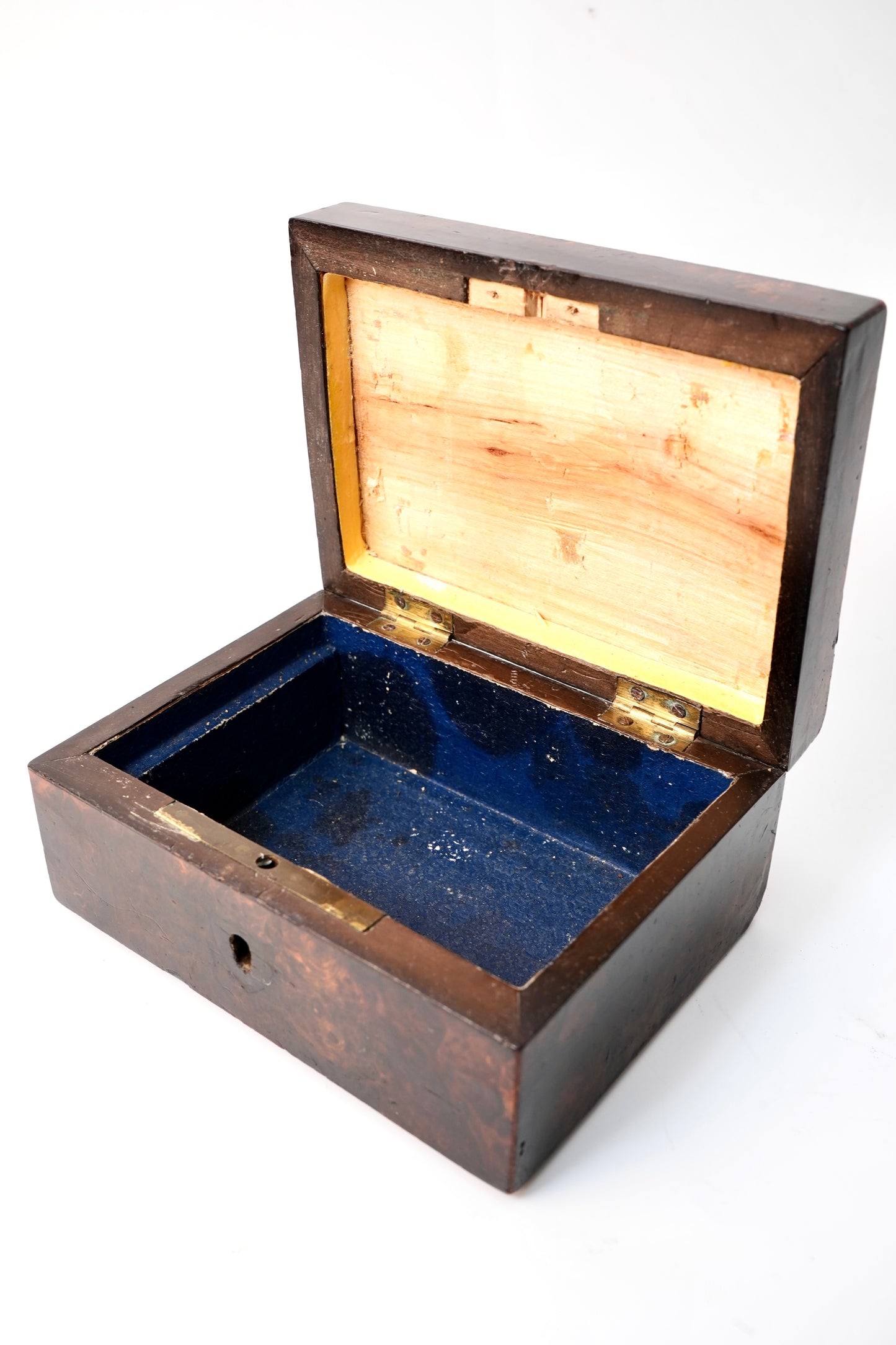 Miniature Antique English Burr Walnut Veneer Trinket Box with Blue Lining