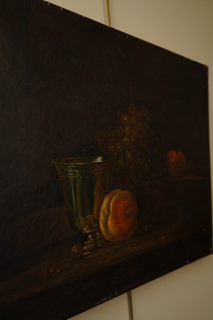 Early 20th Century Oil Painting After Chardin – Still Life with Silver Goblet, Peach & Grapes