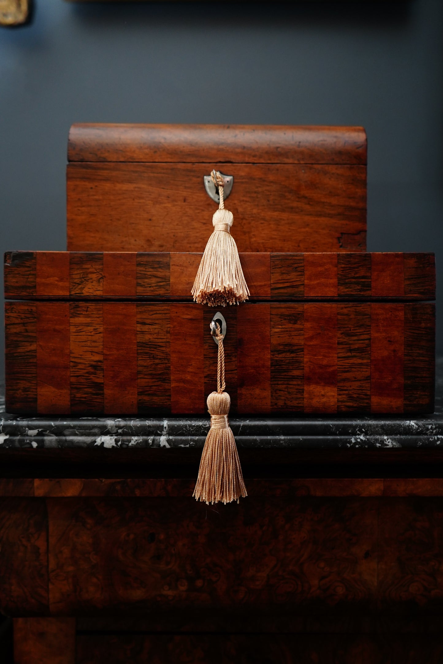 Antique English Dome-Top Walnut Veneer Jewelry or Stationery Box with Key, c. 1880–1910