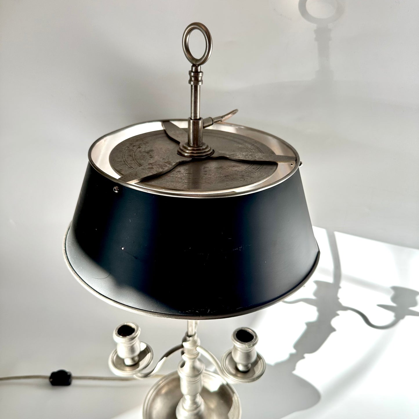 Bouillotte-Style Pewter Lamp with Adjustable Metal Shade & Dual Light Settings