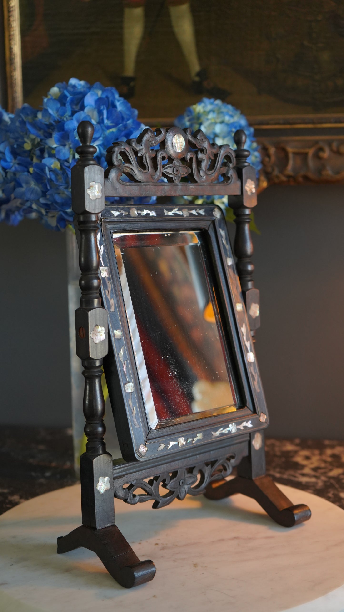 Antique Ebonized Wood & Mother-of-Pearl Vanity Tabletop Mirror