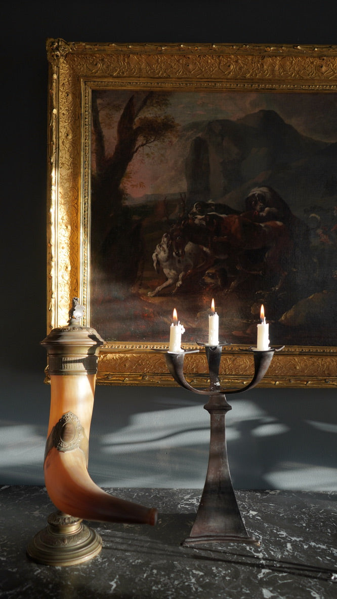 “Hounds Hunting Stag” – 18th Century French Oil Painting Attributed to the Fontainebleau Tradition