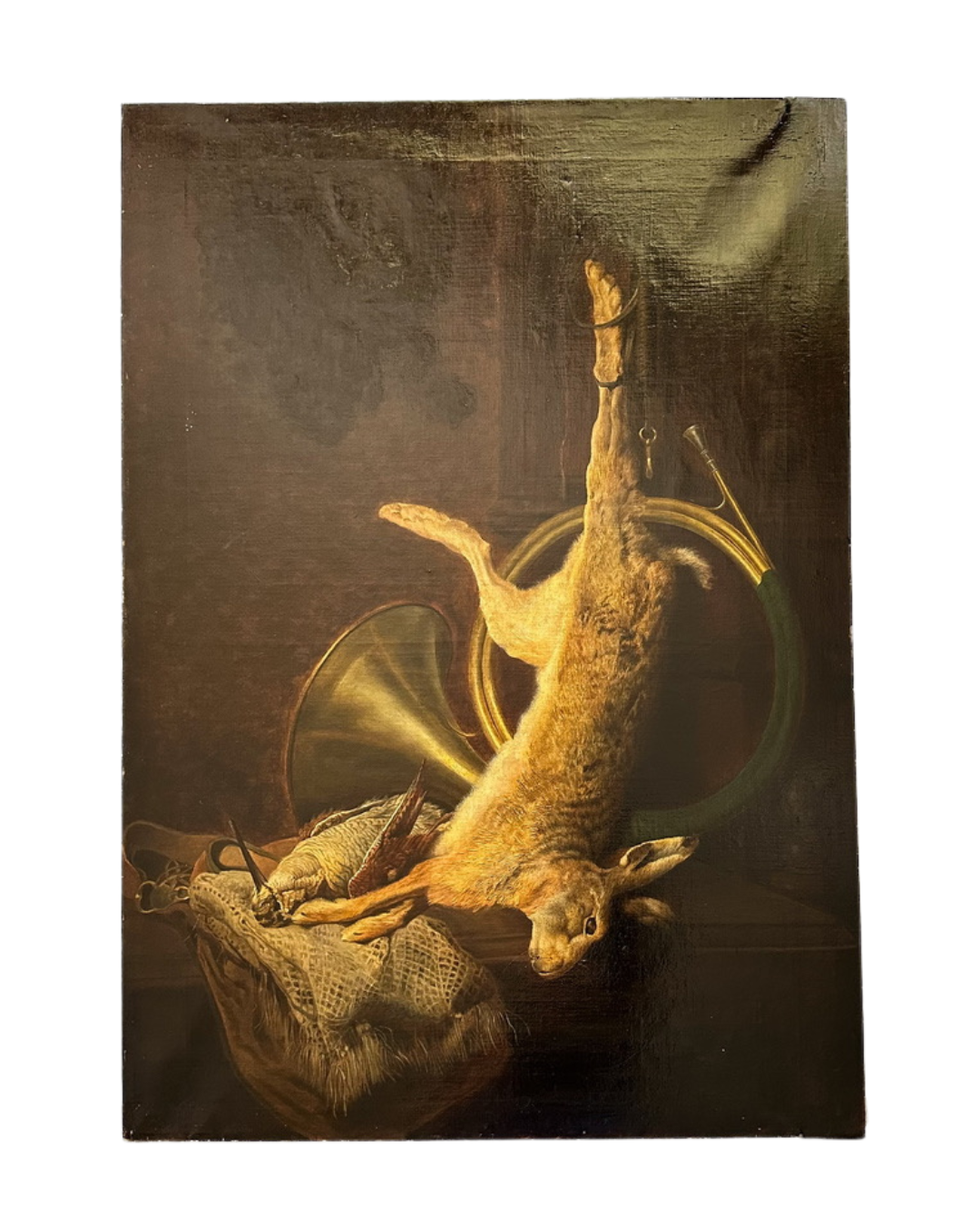 19th Century Game Hunt Rabbit Oil Painting, Large Unframed European Hunt Old Masters Oil Painting