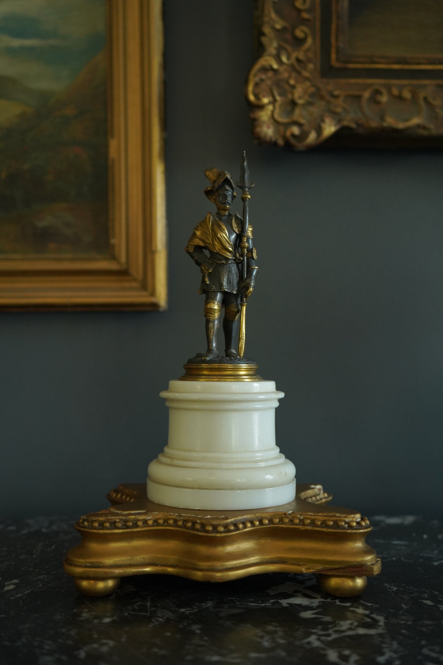 Antique French Bronze Renaissance Soldier Figure on Marble and Giltwood Base Circa 1880