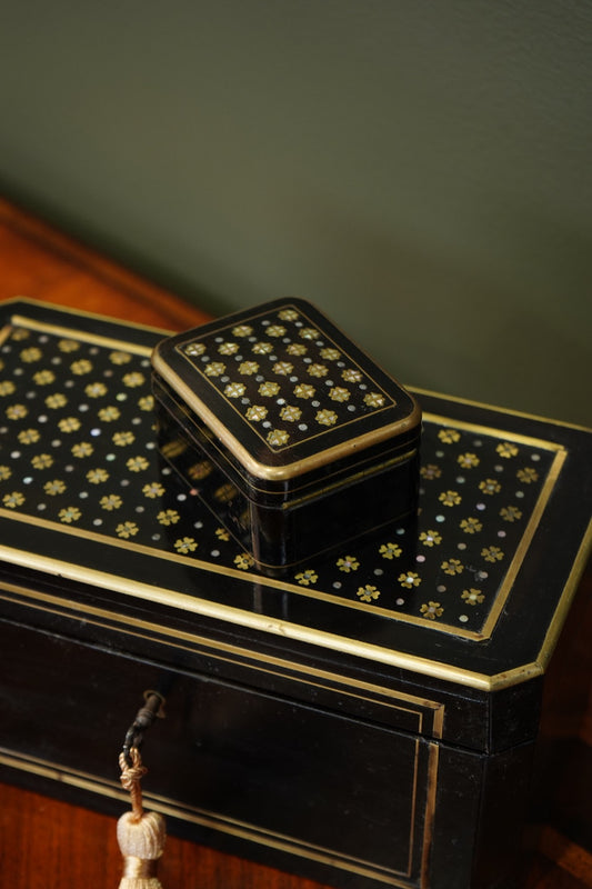 French Napoleon III Ebonized Tea Caddy with Mother of Pearl and Brass Inlay, Circa 1870
