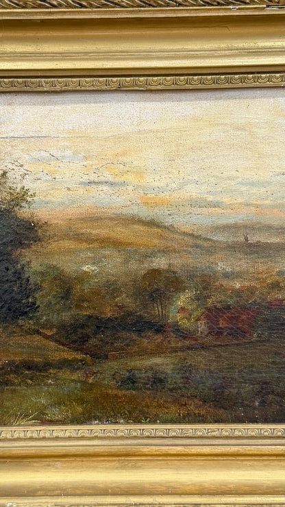 Antique English Oil Painting, Yorkshire Landscape with Ruins, Attributed to P. Carter, 19th Century