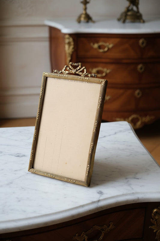 Antique Gilt Brass Ribbon Top Picture Frame, Louis XVI Revival, Early 1900s