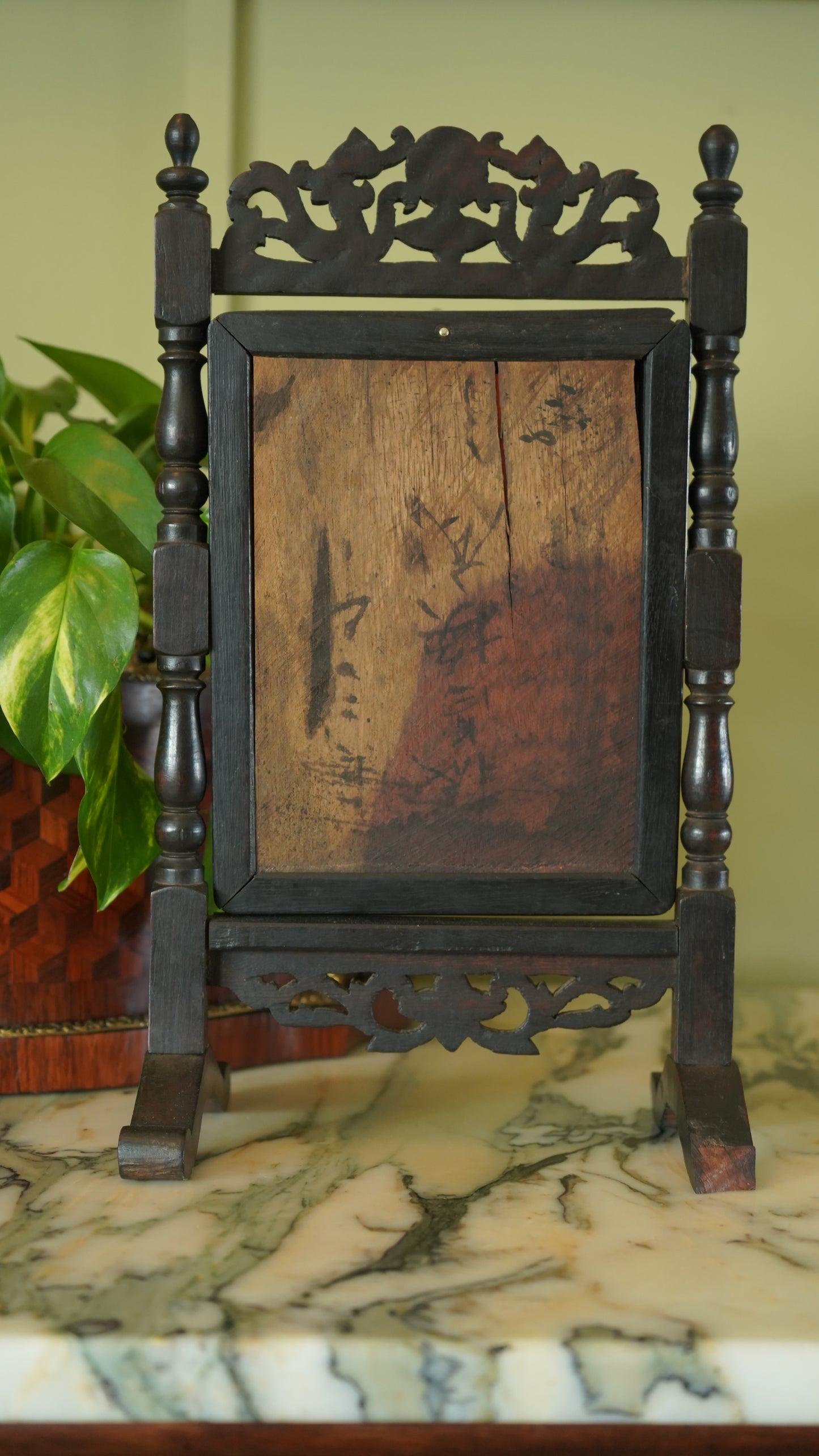 Antique Ebonized Wood & Mother-of-Pearl Vanity Tabletop Mirror