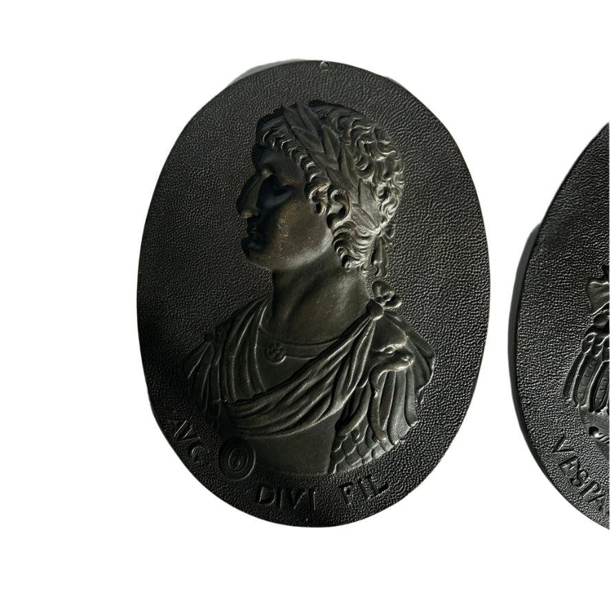 Set of 3 Antique Grand Tour Bronze Portrait Plaques – Roman Emperors Vespasian & Augustus, 19th Century Italian